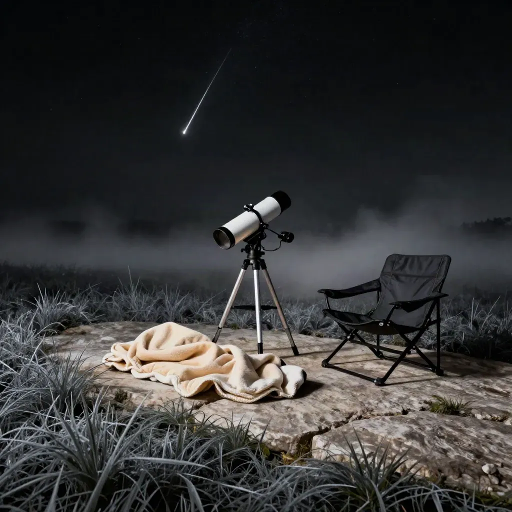 Ground-level campsite telescope under a bright meteor, blanket, chair, and dew-lit grass.