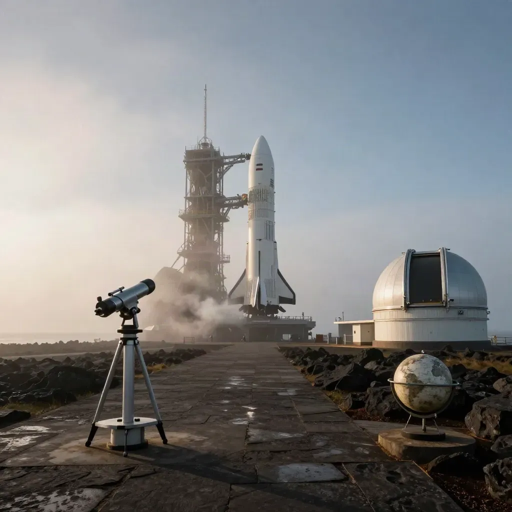 White rocket venting on its pad at dawn, seen past a telescope, moon globe and observatory dome.