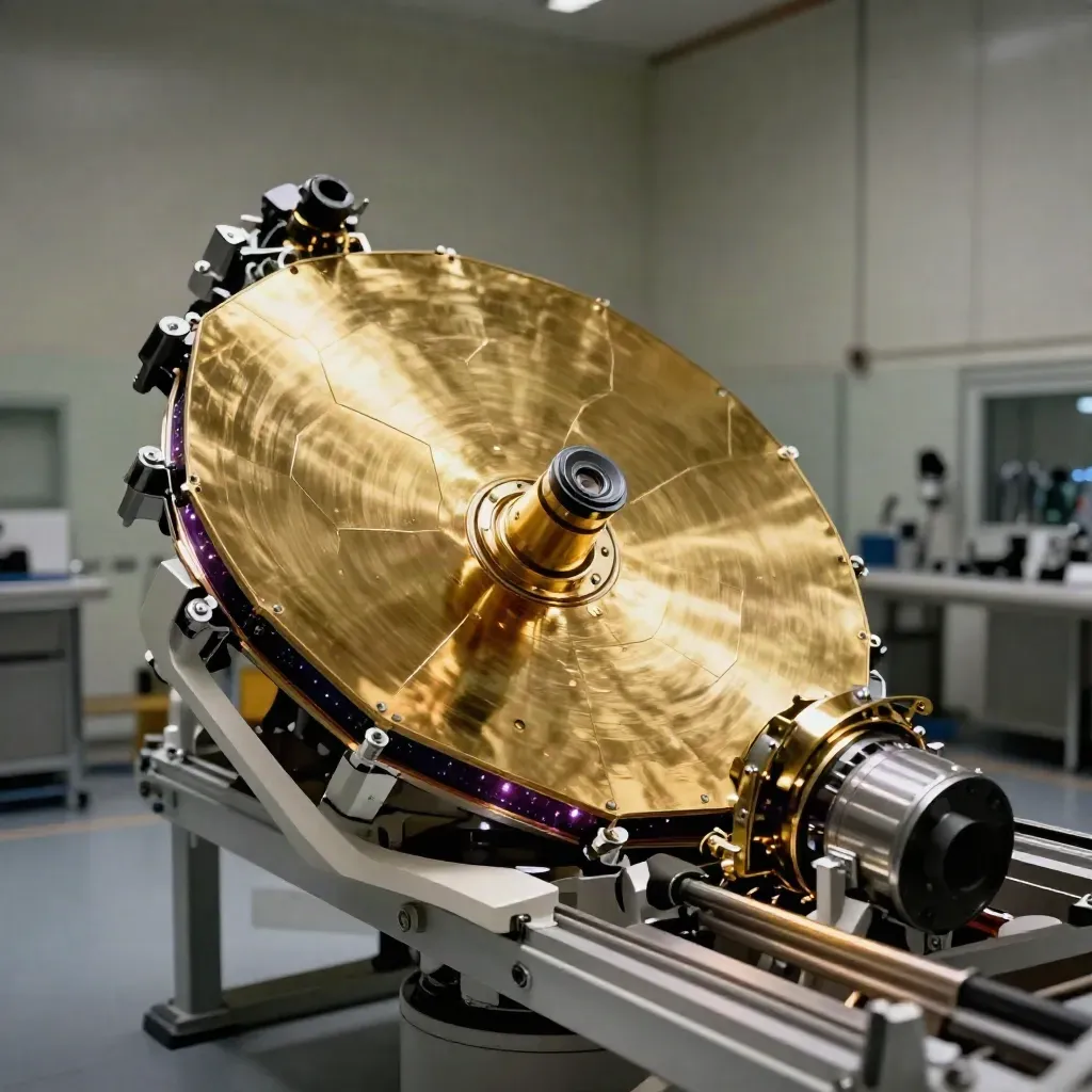 Segmented gold space telescope mirror rotating in a clean room under soft overhead light