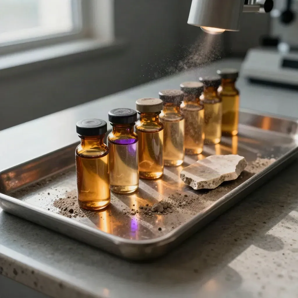 Lunar sample vials and dust under a lab lamp on a stone bench.
