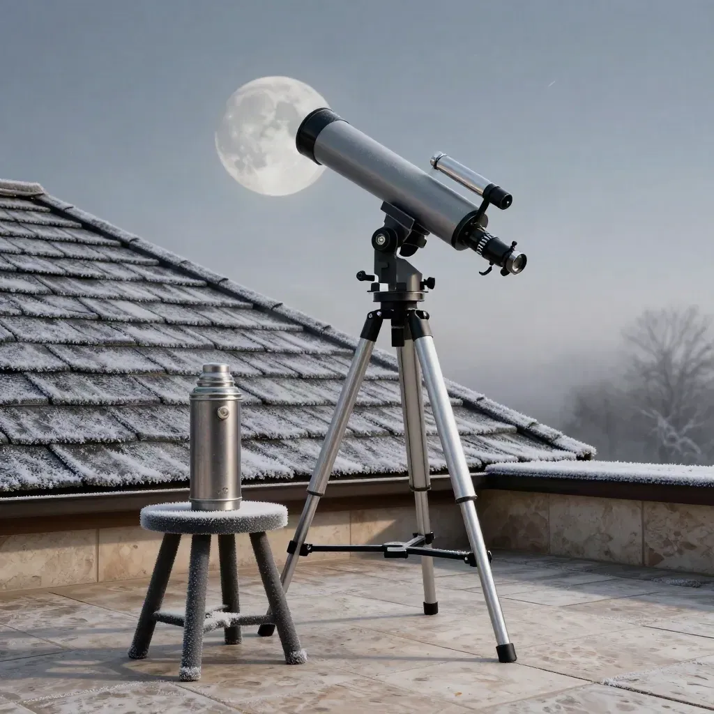 Frosted patio with telescope, stool and thermos under a rising Moon and one meteor.