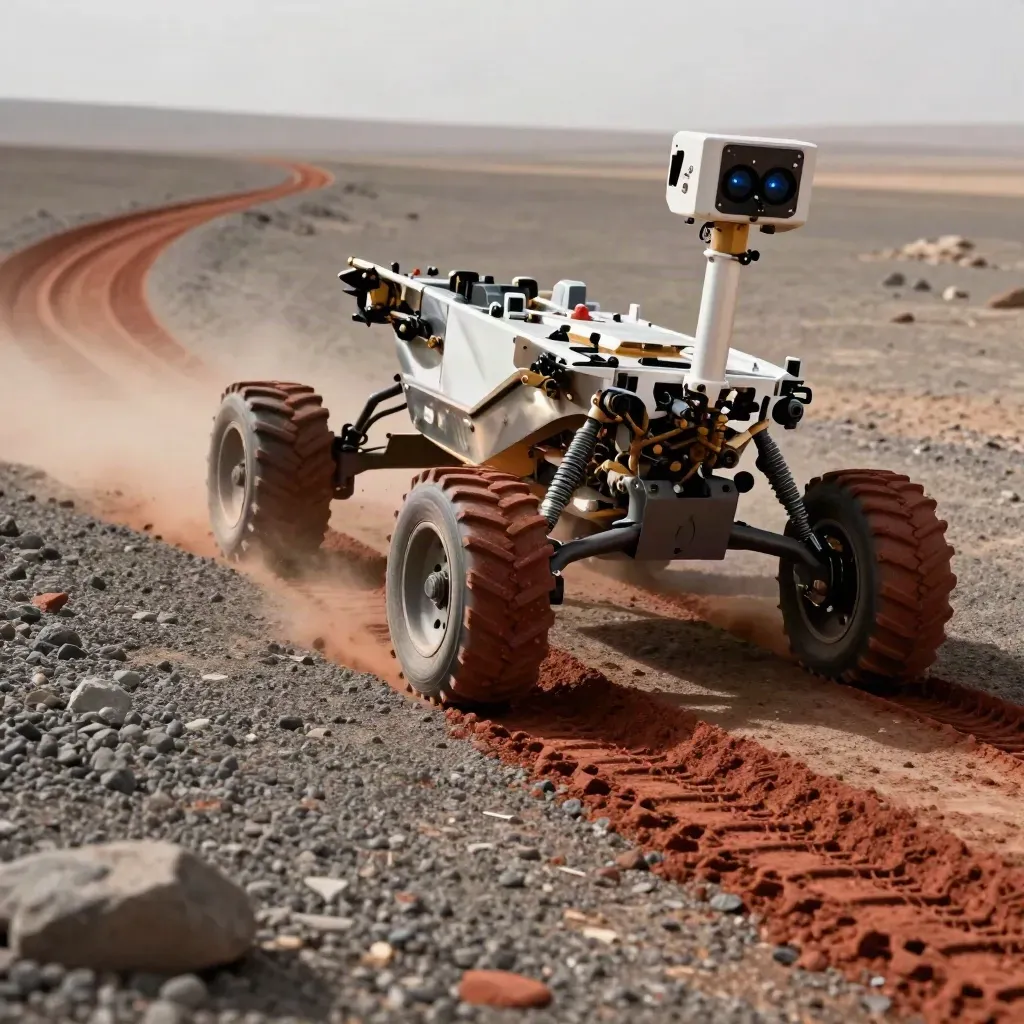 Mars rover test chassis cresting a gravel berm, red dust and blue reflection.