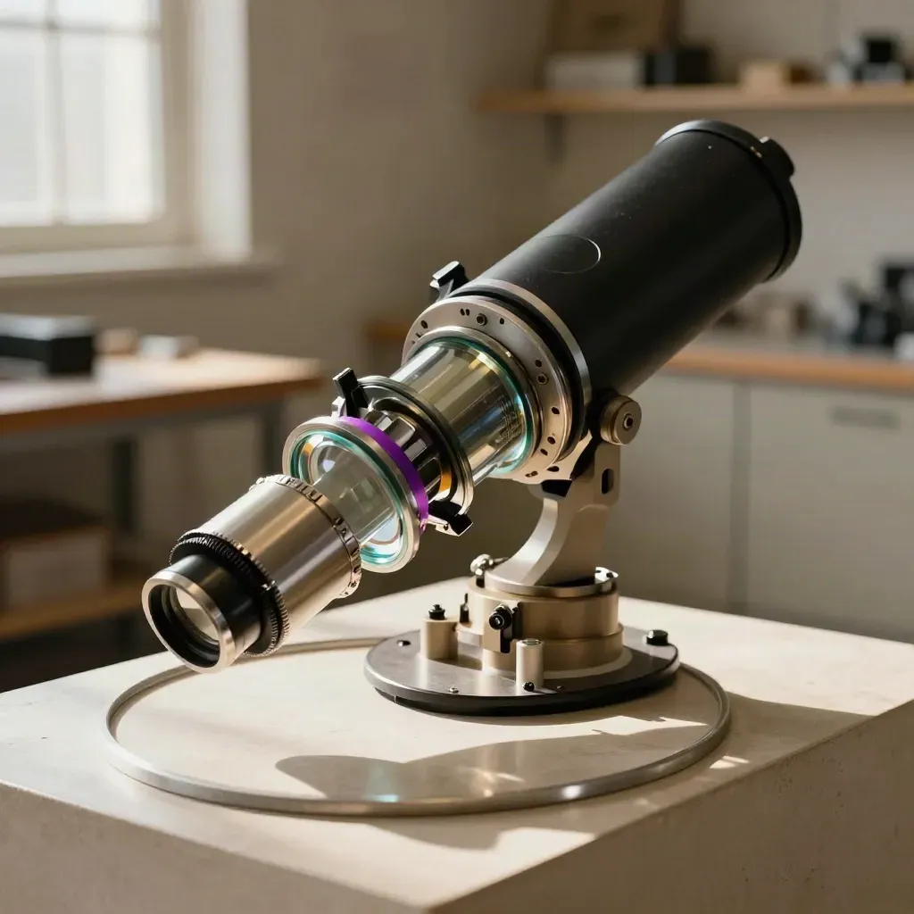 Exploded telescope display on a plaster plinth in soft light, for Space Blogs.