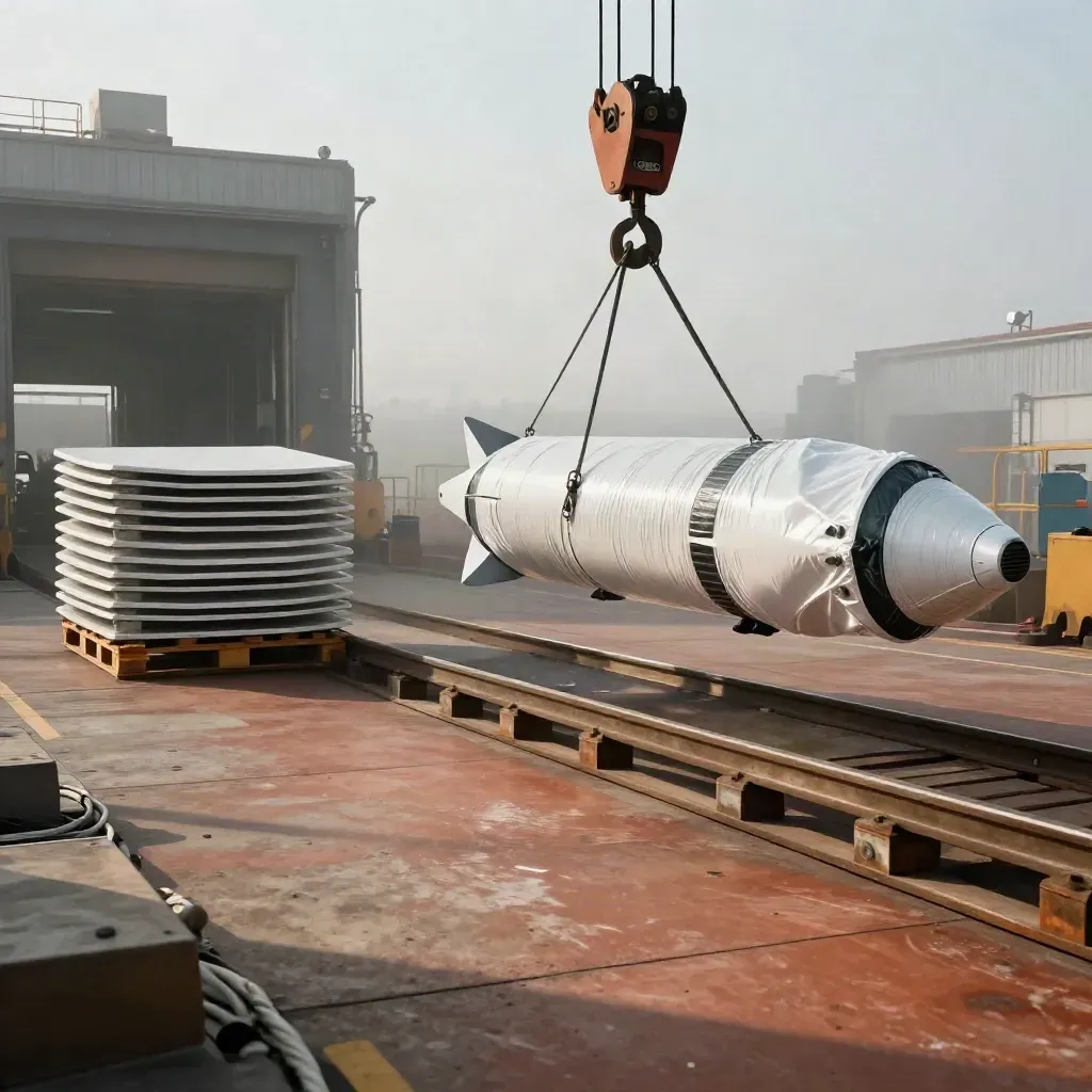 Rocket fairing lifted at a satellite factory dock beside antenna panels in sea mist.