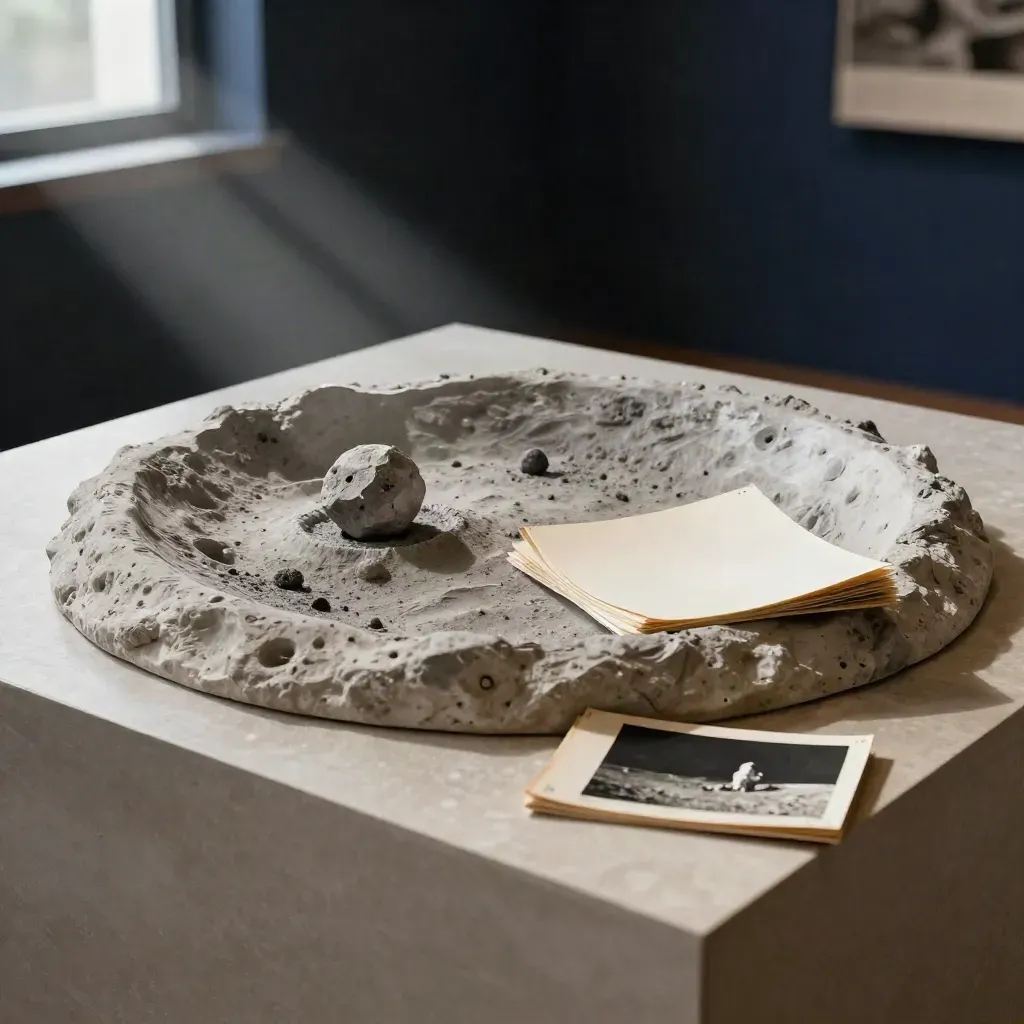 Moon-site model with lunar rock and face-down Apollo prints under a diagonal gallery light.