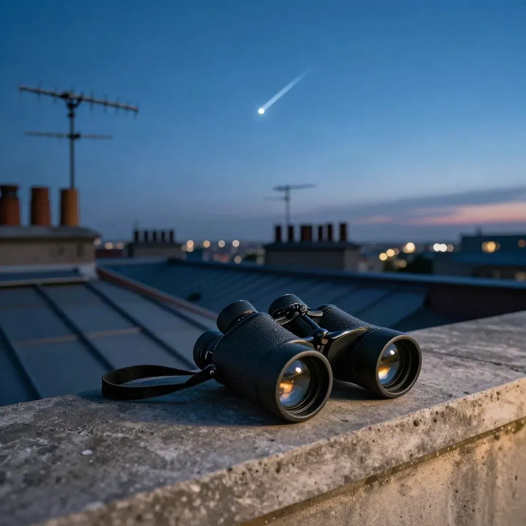 ISS passes above rooftops at blue hour with binoculars on a rooftop parapet.