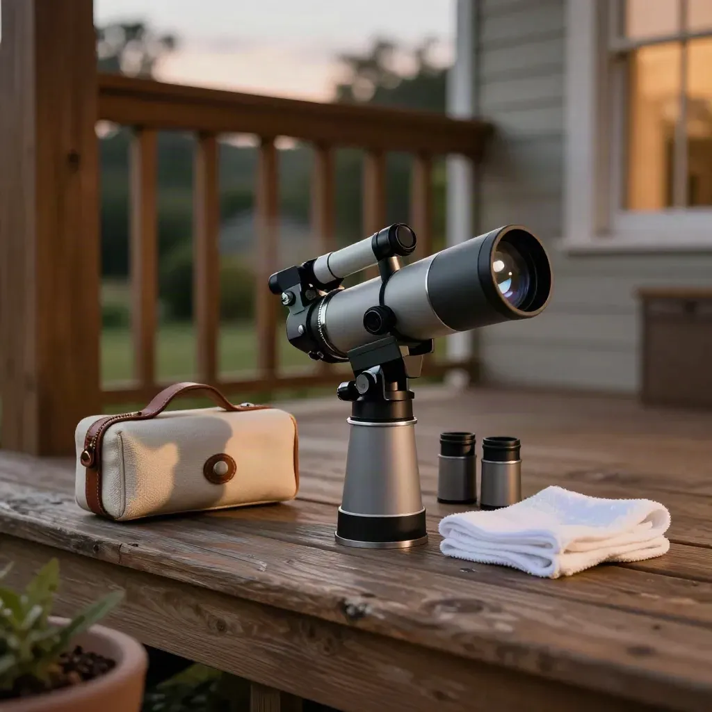 Beginner telescope on a wooden porch at dusk with eyepieces and carrying case