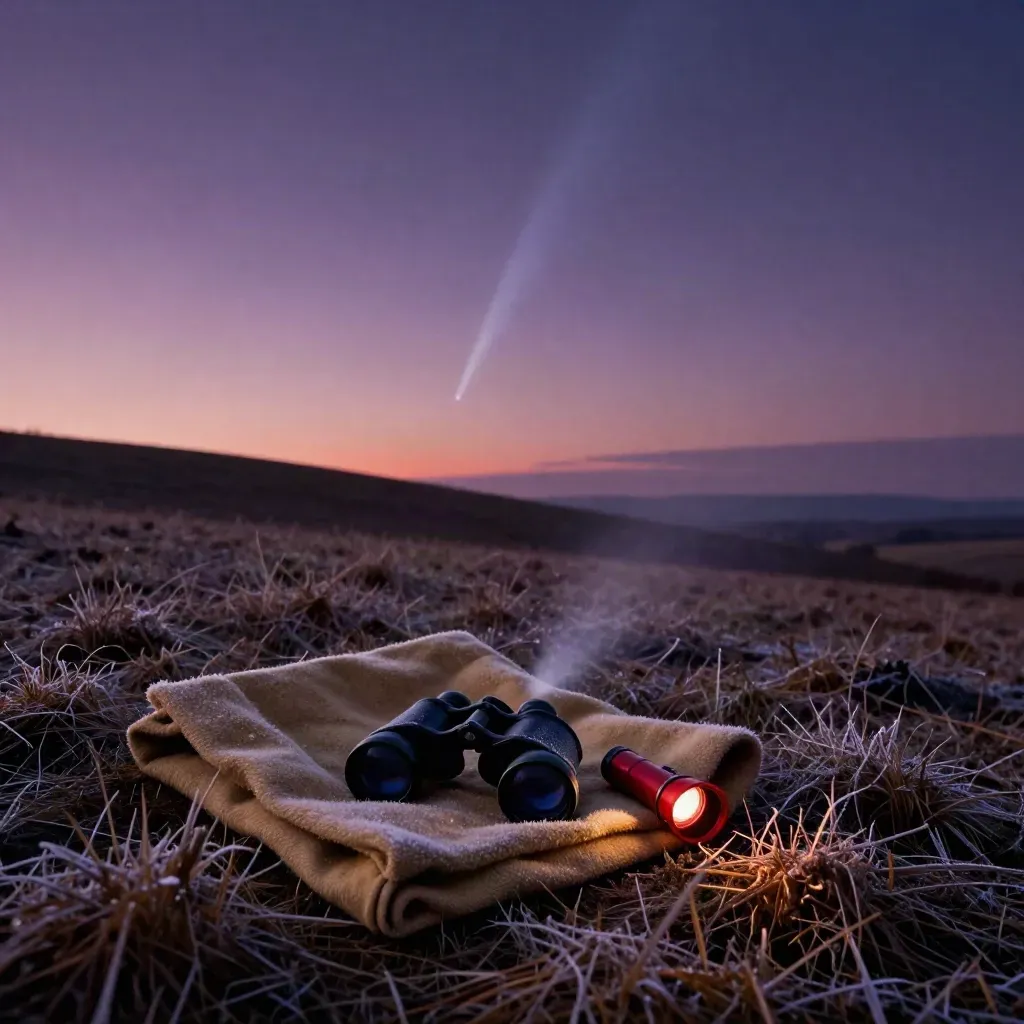 Binoculars and a red flashlight on frosty grass under a faint comet above a dark hillside.