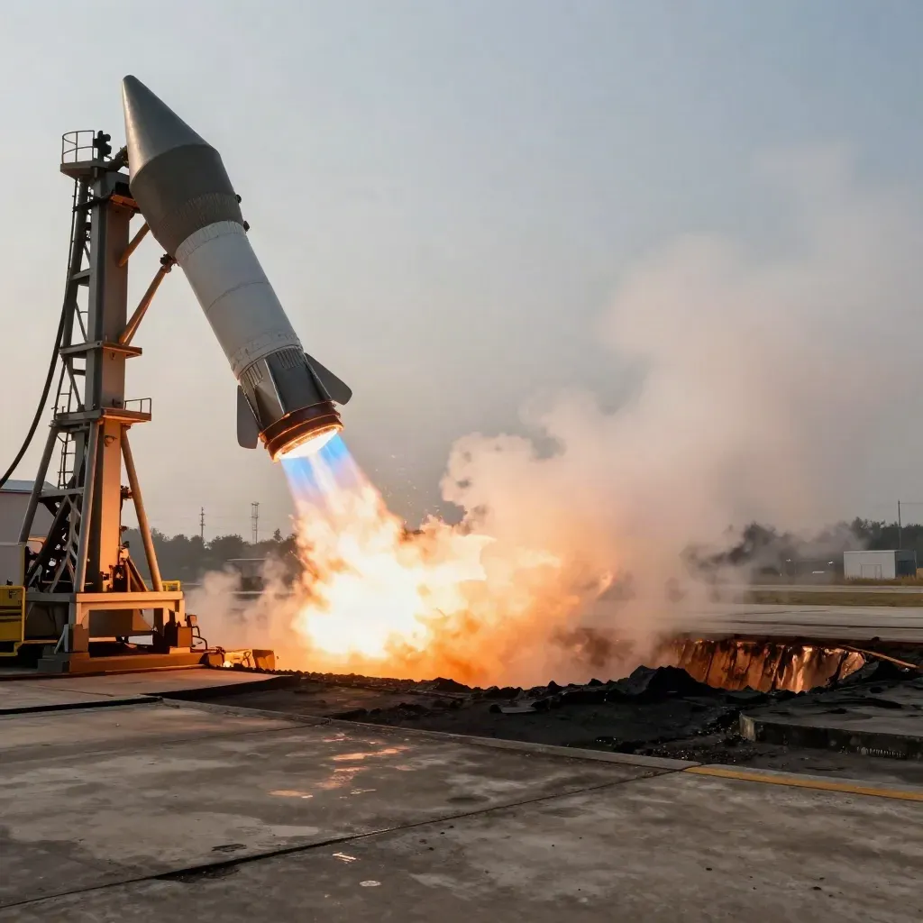 Rocket engine ignition blooms across a scorched test pad and flame trench.