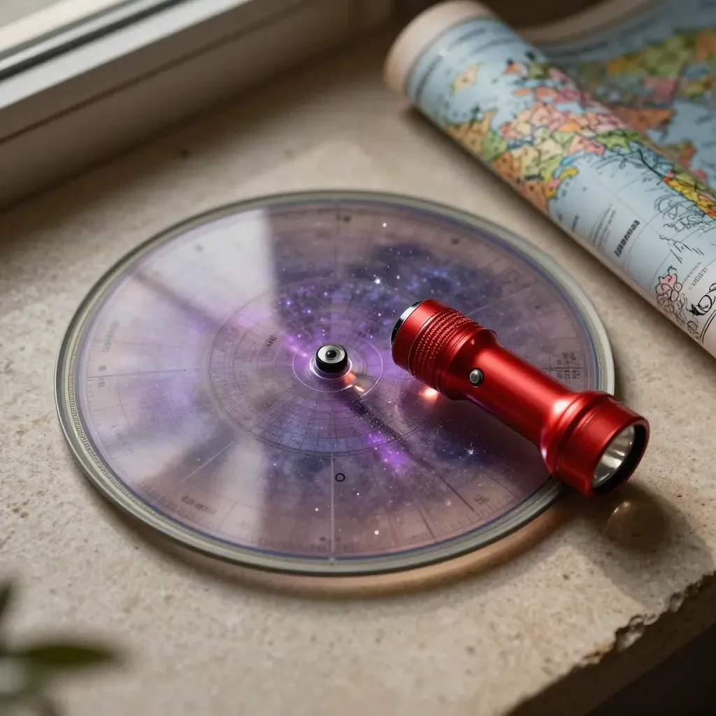 Top-down planisphere, red flashlight and folded sky atlas on limestone.