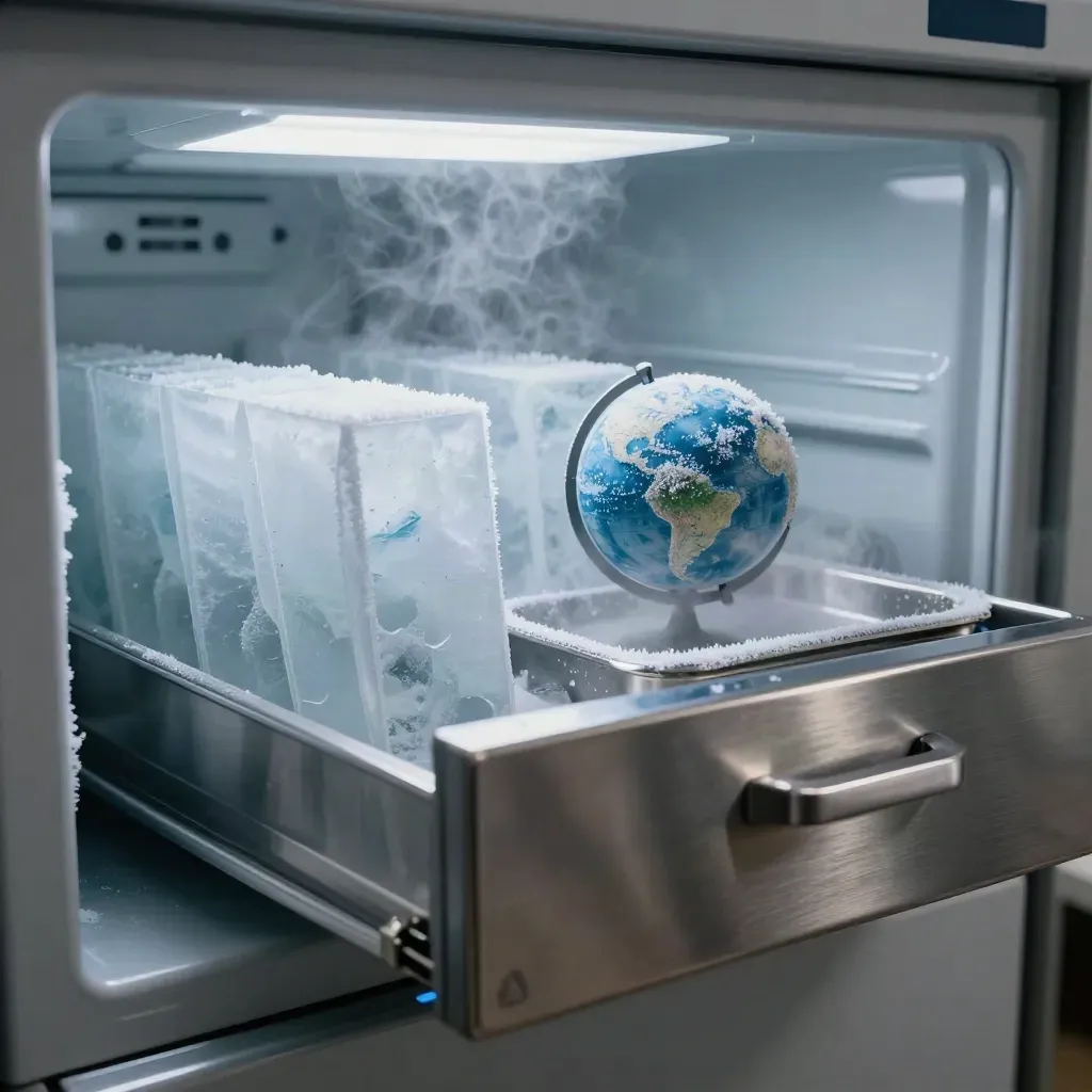 Open lab freezer drawer with frosted ice cores, tiny Europa globe and metal tray in cold vapor.