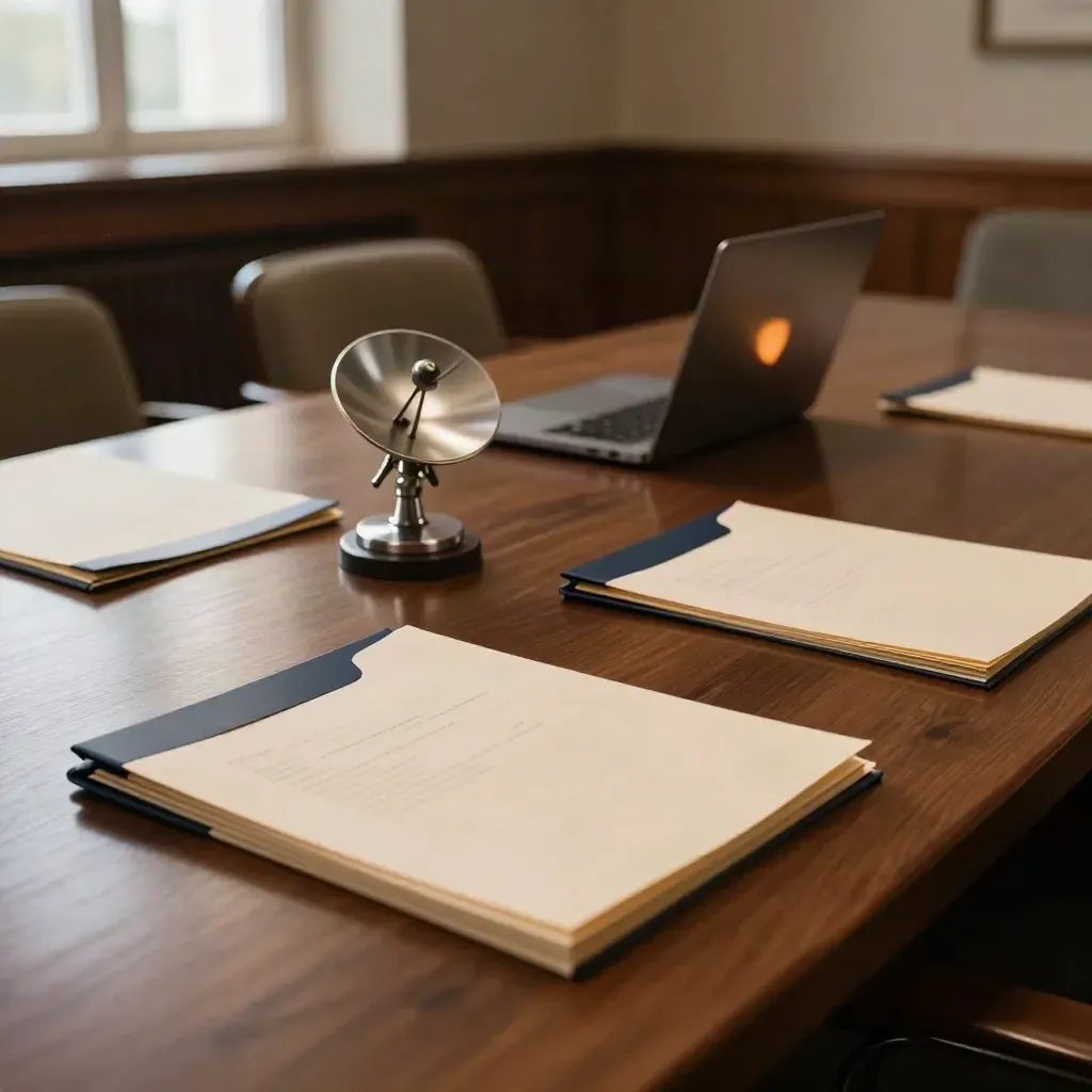 Cleared policy hearing table with sealed folders, satellite model, and closed laptop in warm window light.