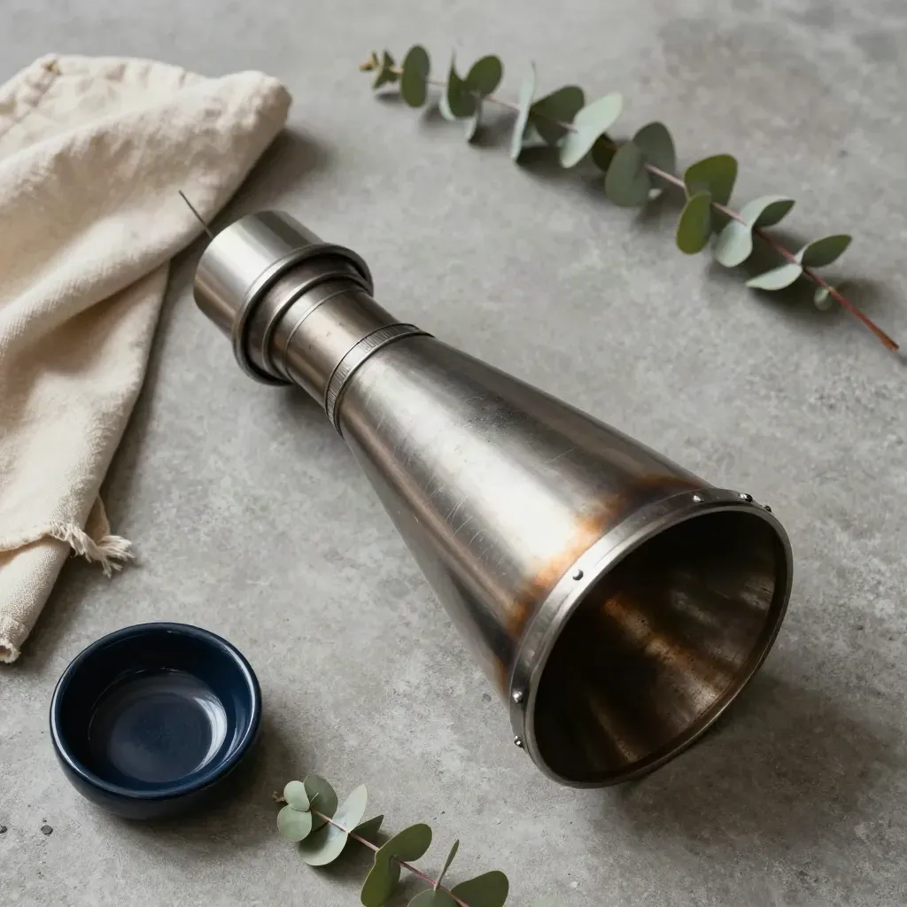 Scorched rocket engine bell with cloth, ceramic dish, and eucalyptus on concrete