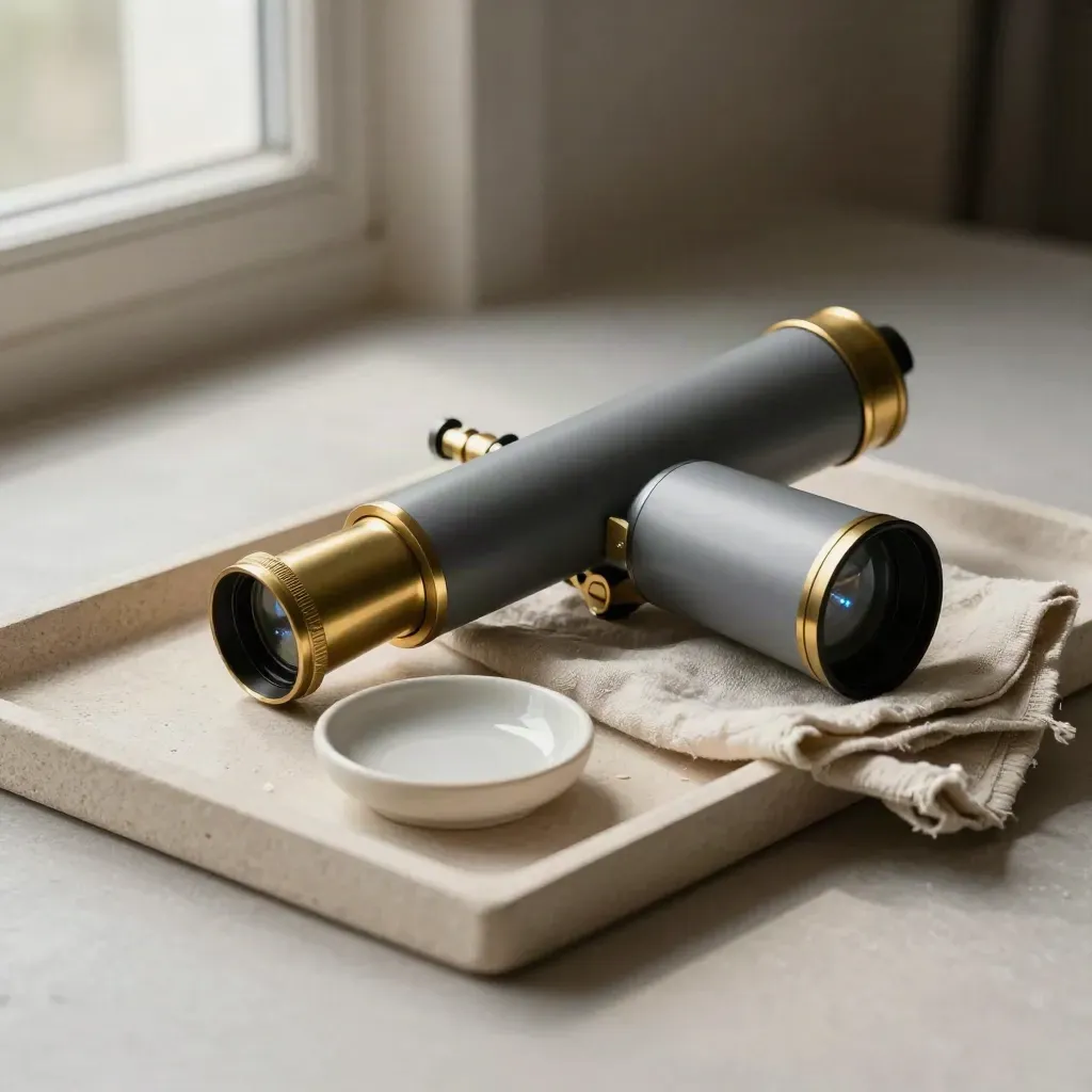 Compact refractor telescope on stone tray with linen cloth and ceramic dish