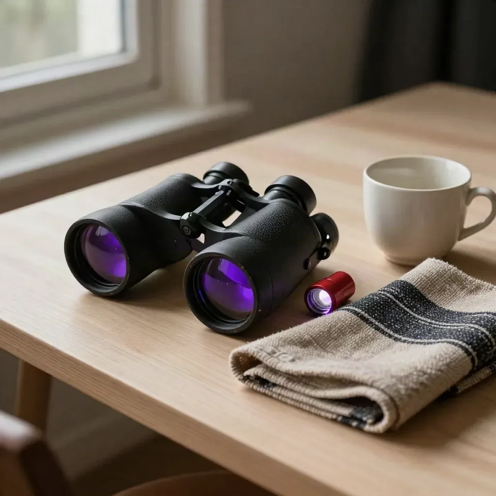 Binoculars, red flashlight, wool cloth, and ceramic cup on pale wood
