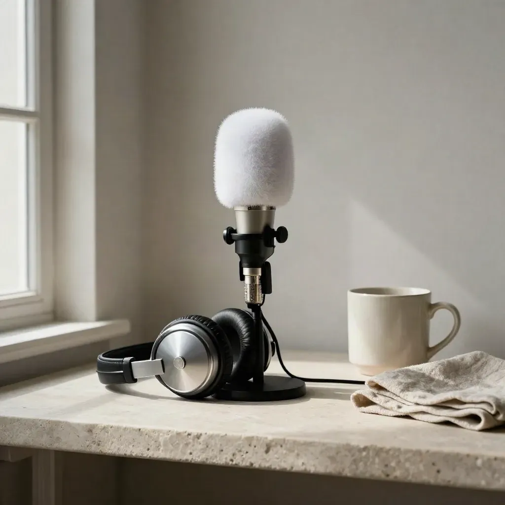 Interview microphone with headphones and a mug on a pale stone shelf under soft window light.