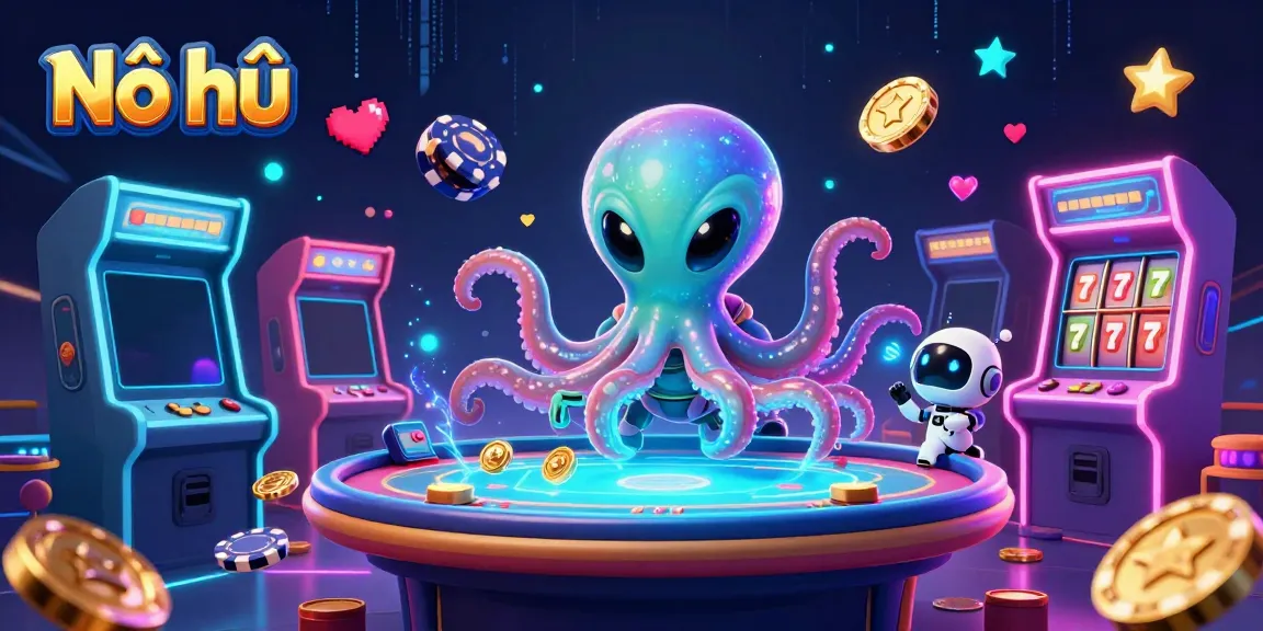 Nổ hũ showcases an alien octopus at a holographic poker table with colorful gaming elements