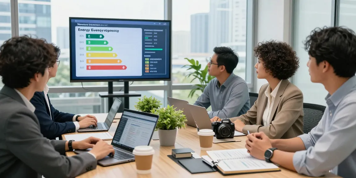 Half hourly meter data analysis session in a modern office with professionals reviewing energy metrics.