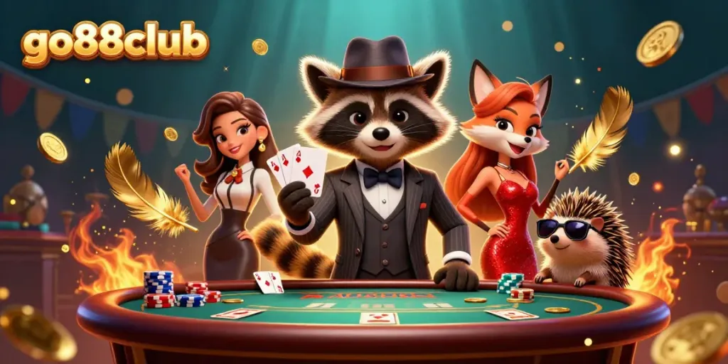 Experience excitement at go88club with a 3D raccoon, fox lady, and hedgehog bouncer at a poker table.