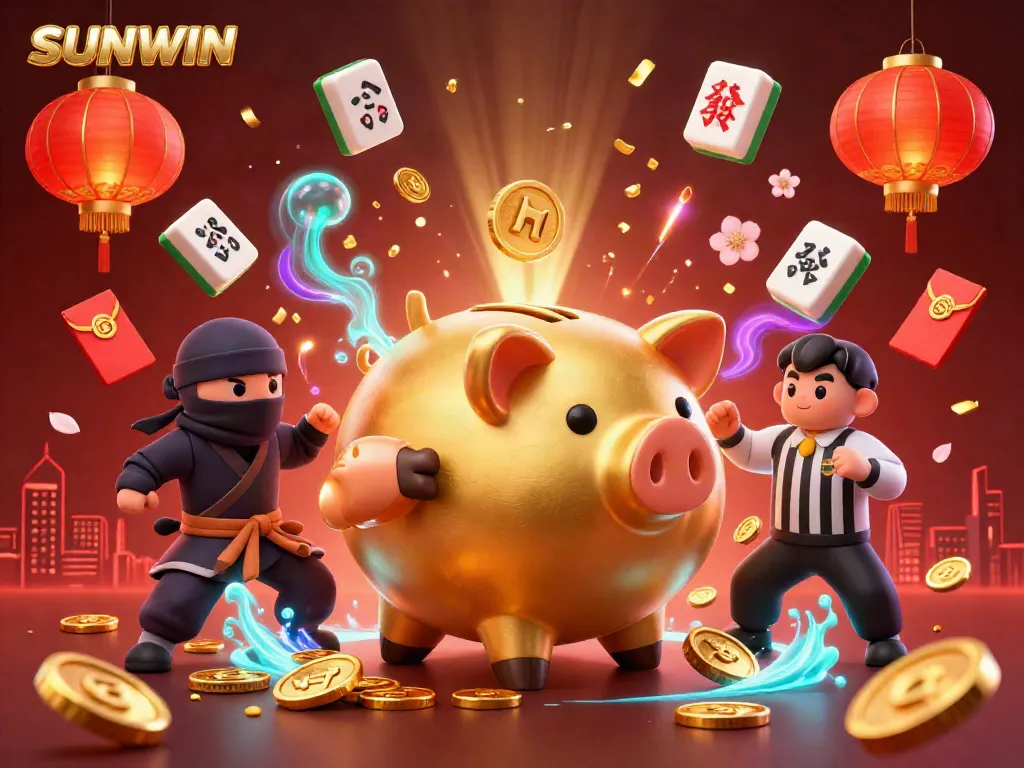 Engage in dynamic games at SUNWIN with a cheerful golden piggy bank sumo wrestler and friends.