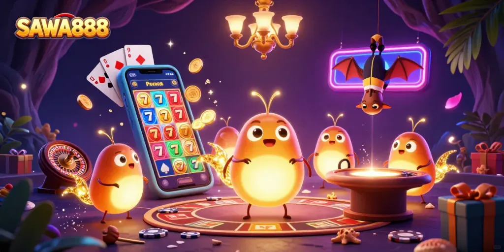 Experience exciting gameplay with SAWA888's vibrant 3D casino scene featuring animated glowworms and a bat dealer.