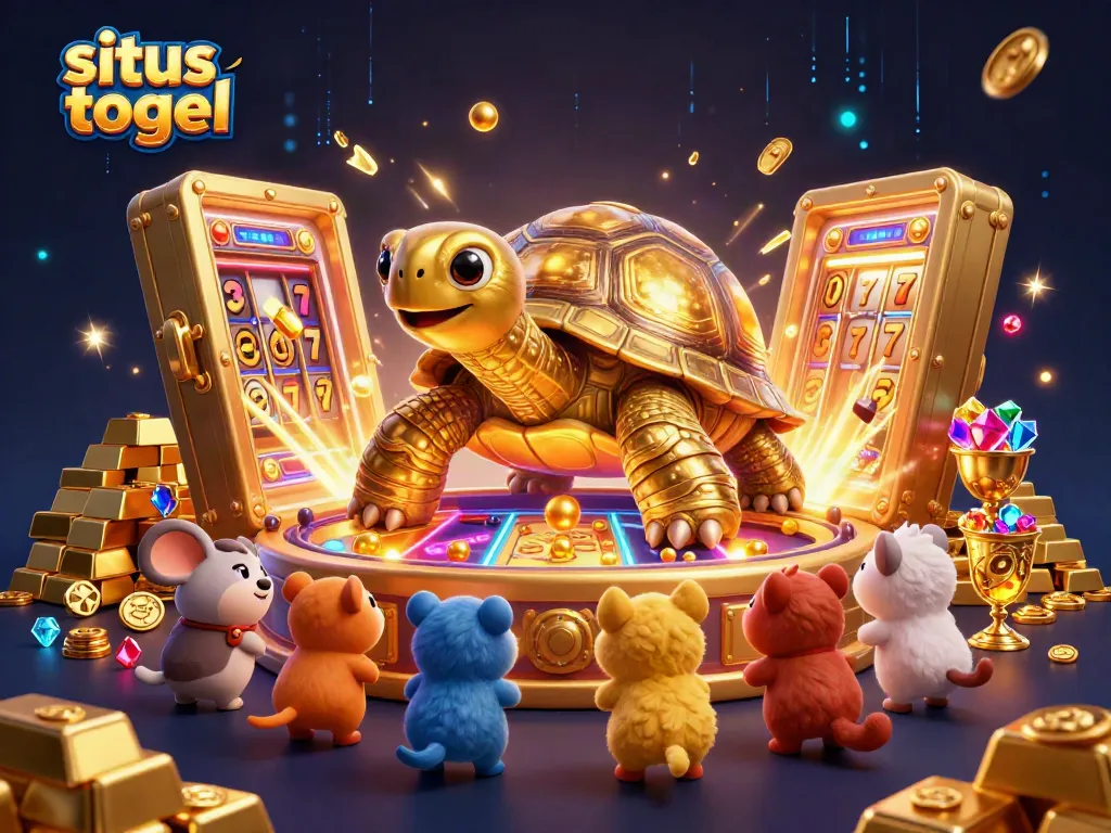 Engage in fun gaming with the situs togel-inspired colossal tortoise pinball machine surrounded by treasures.