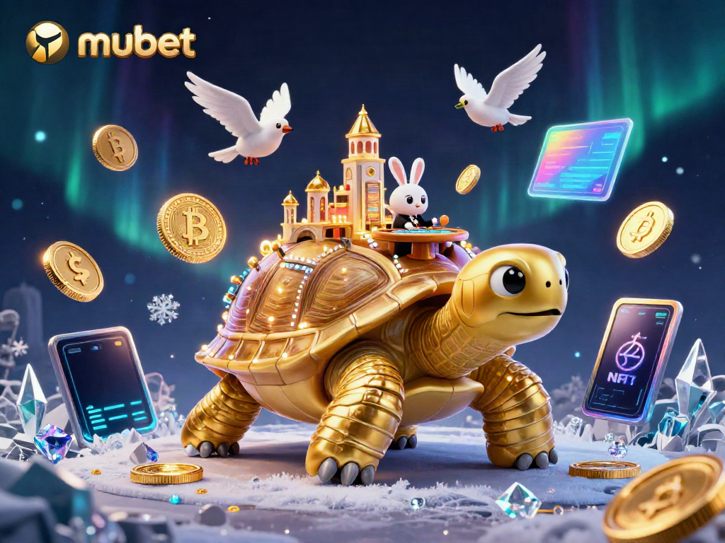 Engage in gaming excitement with mubet featuring a giant golden tortoise casino illuminated with lights.