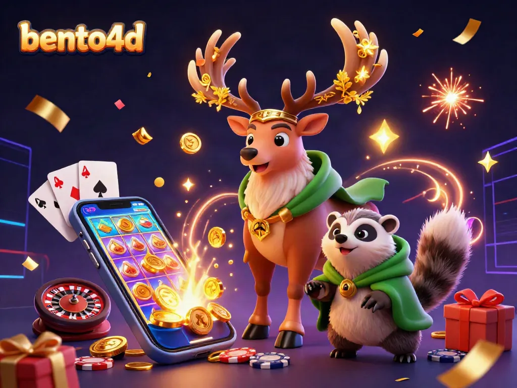 Engage with bento4d using dynamic slot games illustrated with colorful treasures and magical characters.