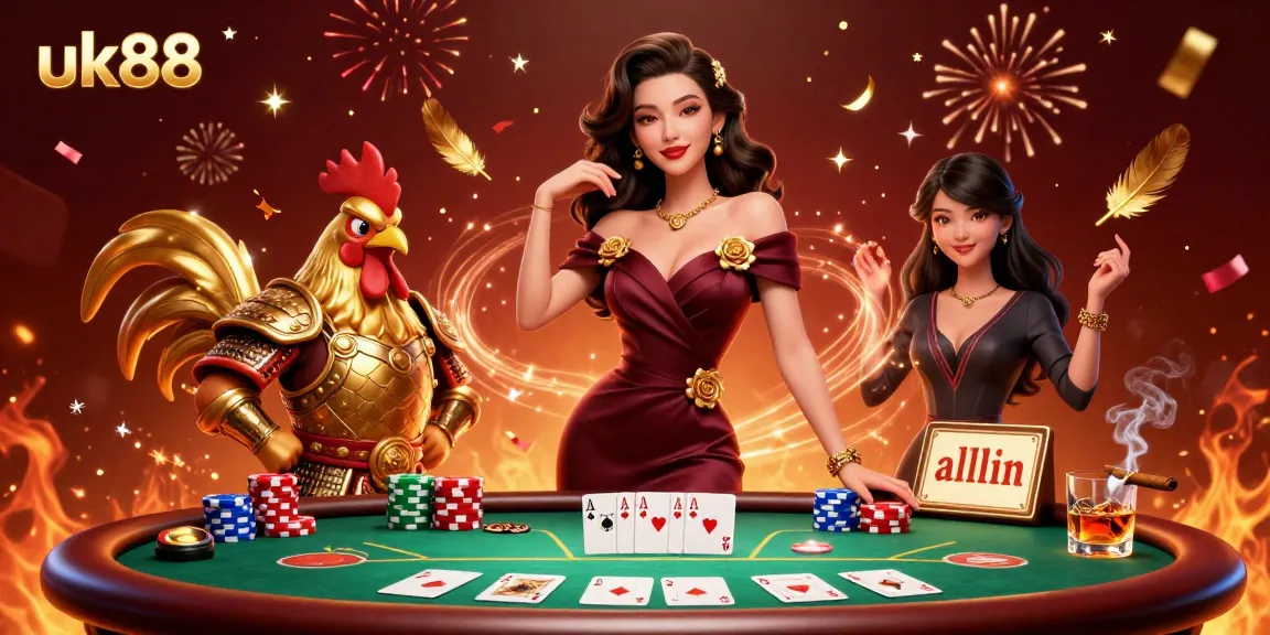 Engaging illustration of uk88 showcasing poker action with glamorous woman and golden rooster in a casino setting.