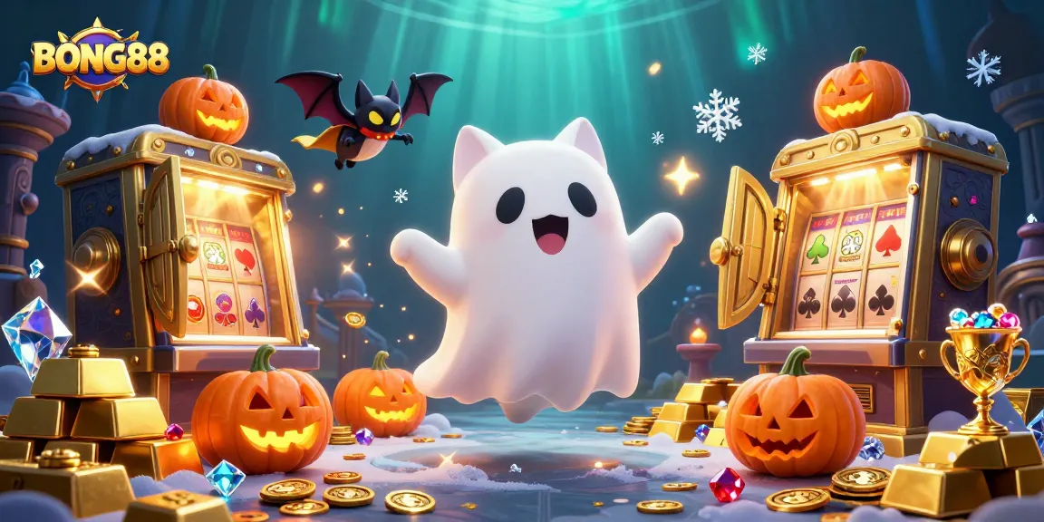 BONG88 brings excitement as a ghost cat and bat explore a haunted casino filled with treasures.