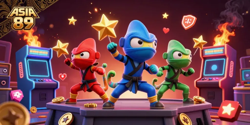 Experience ASIA 89's vibrant gaming world with chameleon ninjas showcasing thrilling gambling action.