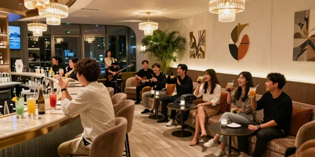 강남 세이렌의 고급스러운 라운지에서 친구들과 즐거운 시간을 보내는 모습