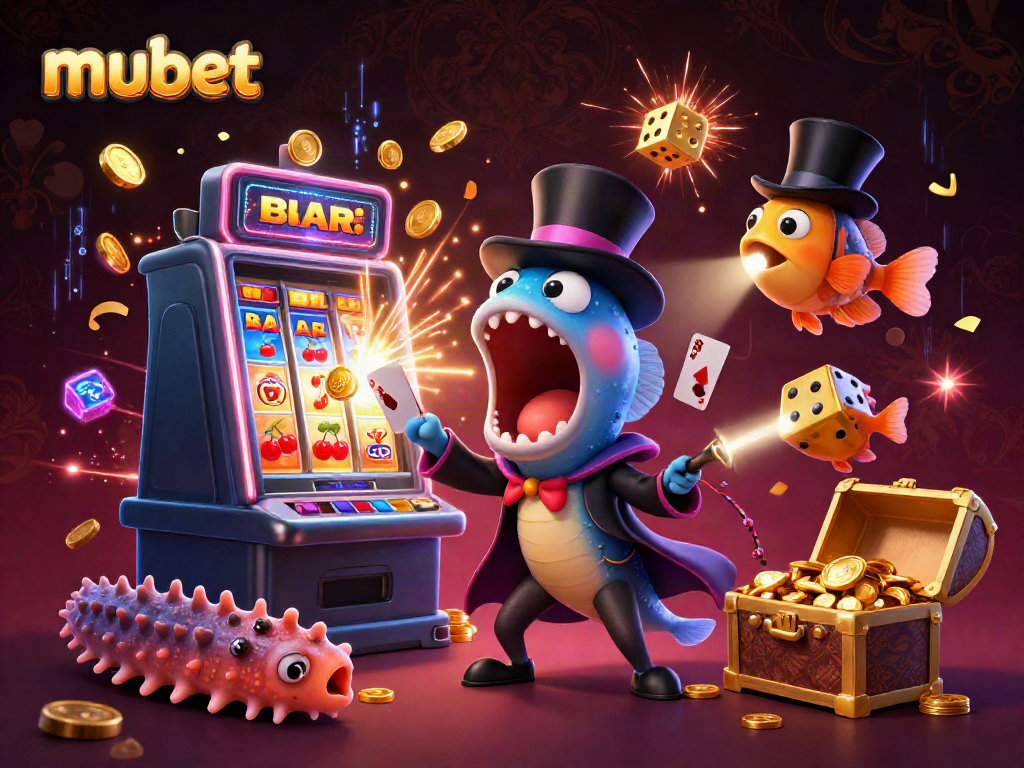 Engage with mubet as a magician deep-sea eel performs dazzling card tricks amid casino symbols and treasures.