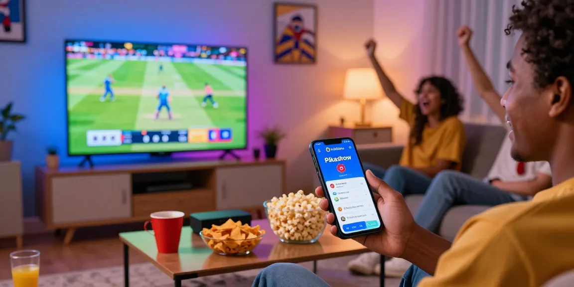 Friends enjoying a cricket match using Pikashow APK download on a smart TV, creating a lively viewing atmosphere.