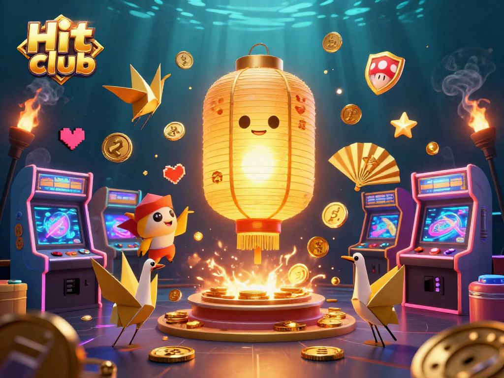 Engaging scene showcasing Hit club with a glowing golden lantern spirit and interactive arcade game elements in a vibrant casino setting.