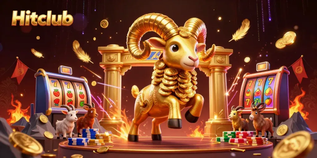 Hitclub illustration featuring a golden ram charging through a casino-themed environment with slot elements.