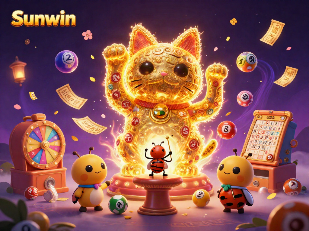 Engage with Sunwin's exciting gaming environment featuring a dynamic lucky cat and casino elements.