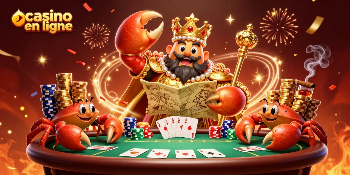 Illustration dynamique de casino en ligne avec un crabe en or et des jetons colorés.