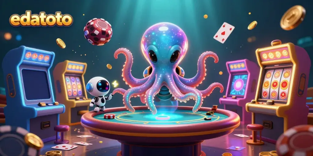 Experience exciting gaming with edatoto's alien octopus mastering a poker table in space.