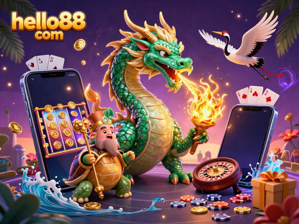 Experience the magic of hello88 com with a vibrant dragon, turtle sage, and lucky cranes in a rich casino atmosphere.