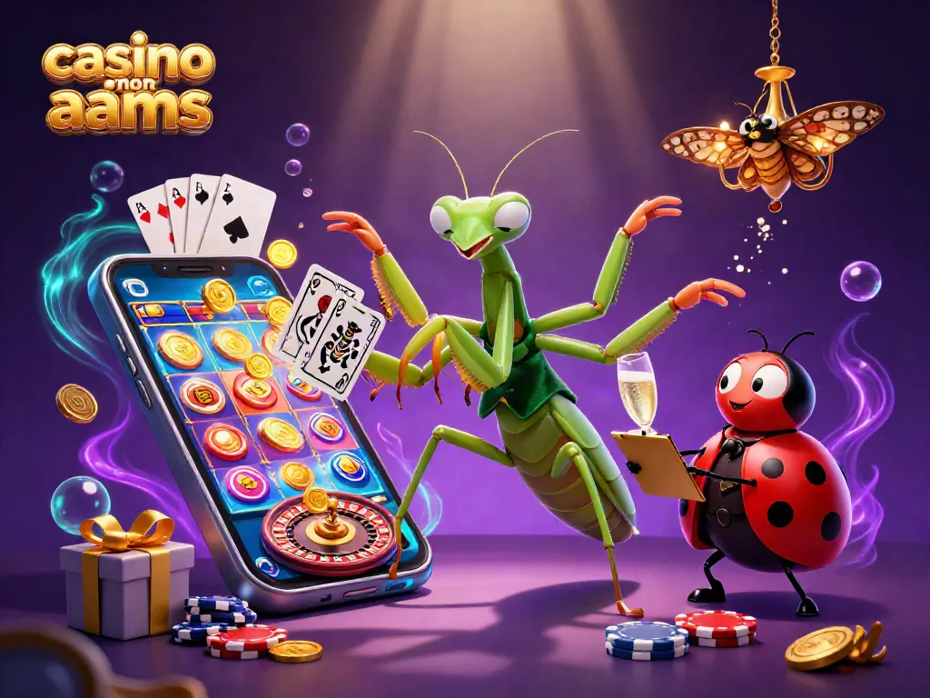 Casinò non AAMS: Elegante mantide gigante e signora coccinella in un vivace ambiente di gioco