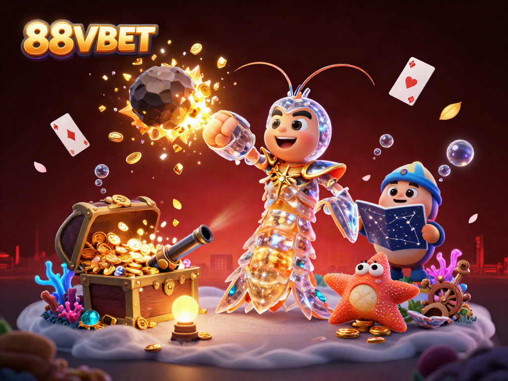 88VBET showcases thrilling casino adventures with high-energy 3D characters amidst vibrant treasures and lively gaming elements.