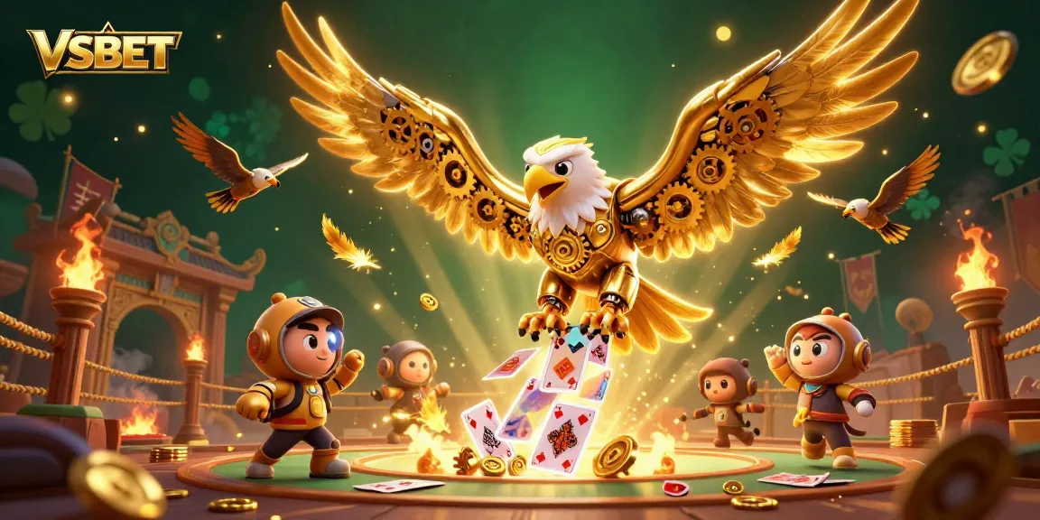 Experience thrilling gameplay with VSBET's cybernetic eagle soaring through dynamic holographic cards, showcasing exciting features.