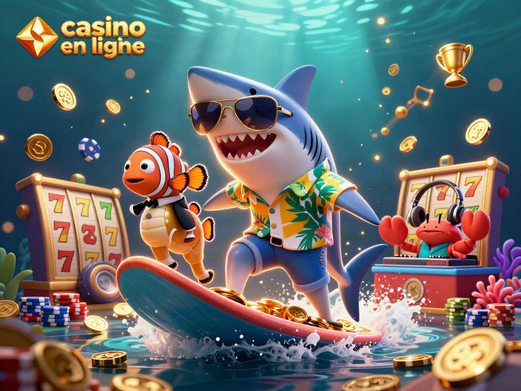 Jouez à des jeux de casino en ligne captivants avec des requins et des poissons colorés.