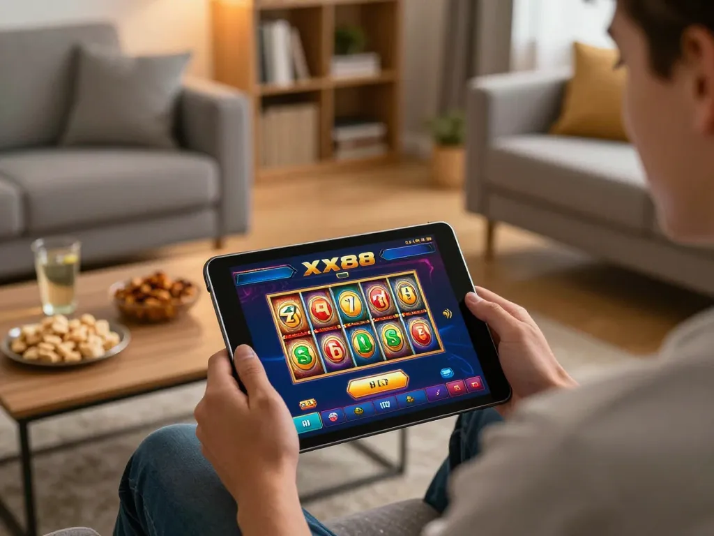 Engaging with the XX88 casino app on a tablet in a comfortable living room setting, highlighting online gaming excitement.