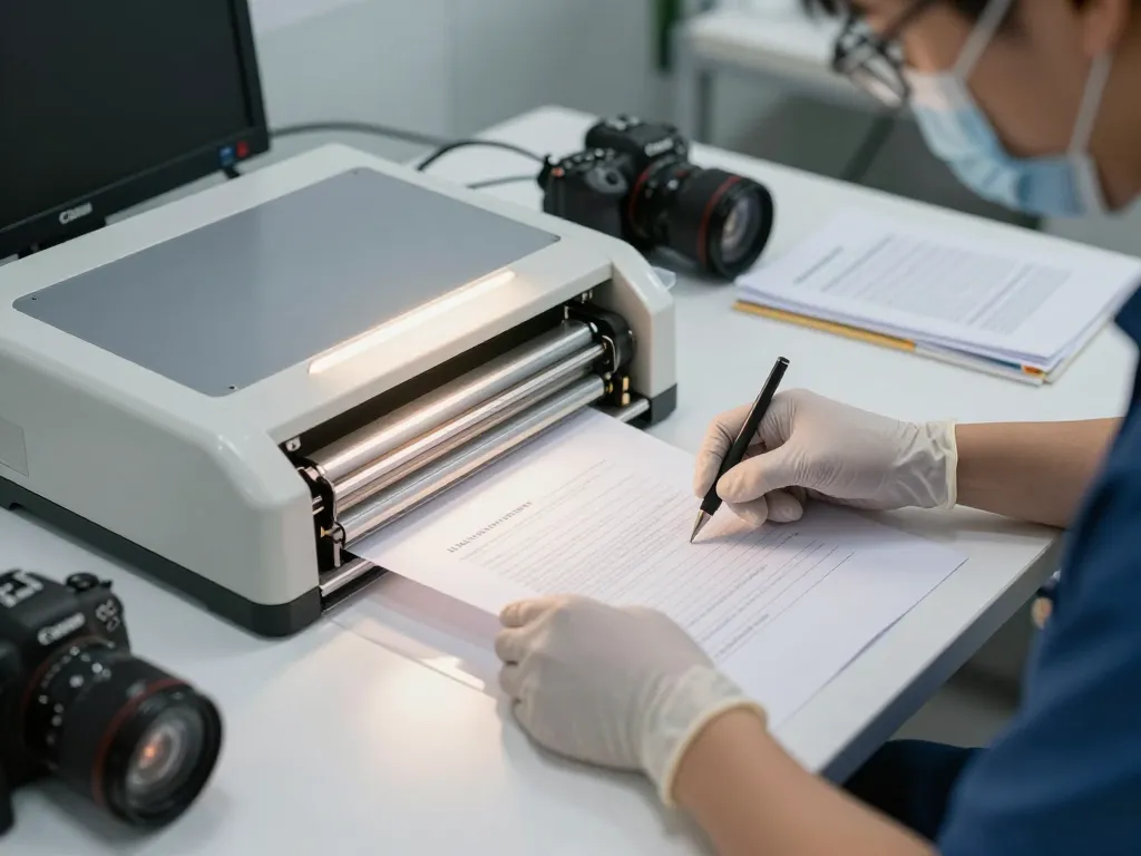 Expert technician performing dịch vụ bóc ép plastic on documents using advanced technology for optimal results.