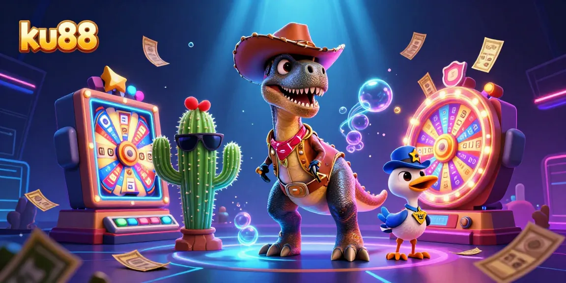 Engage with ku88's thrilling casino experience, featuring a colorful jackpot scene with animated characters.