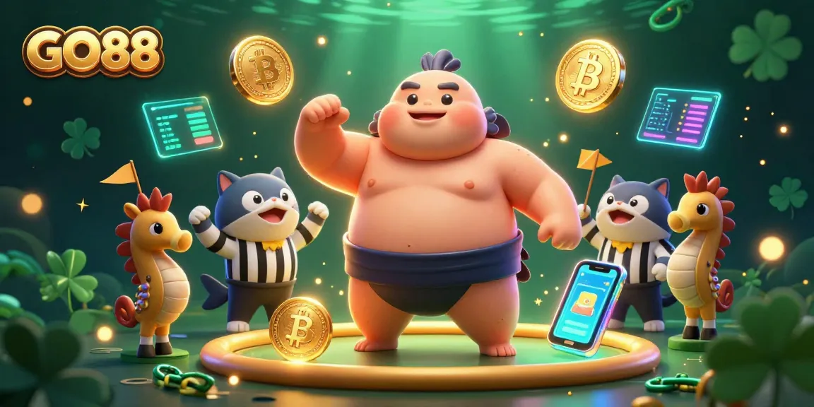 GO88 showcases an exhilarating underwater casino scene with vibrant characters and crypto elements.