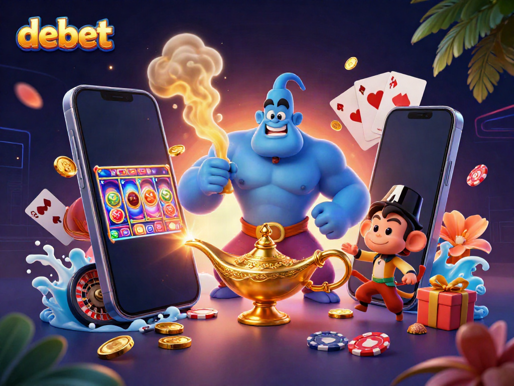 Experience vibrant debet gaming action with a genie, monkey, and poker chips in a dynamic casino scene.