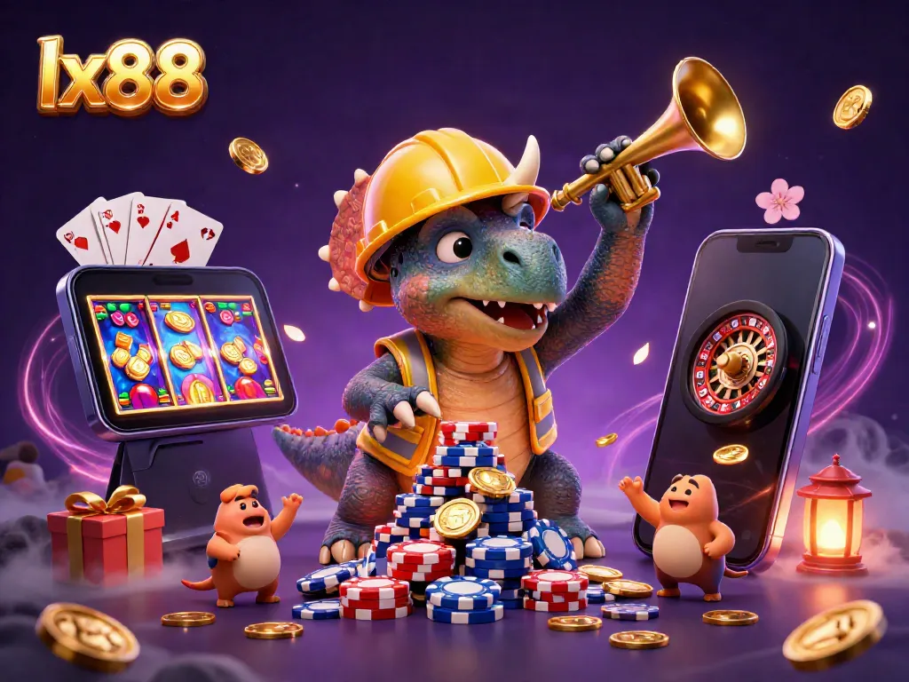 Experience the excitement of lx88 as a triceratops builds a poker chip pyramid amid vibrant casino elements